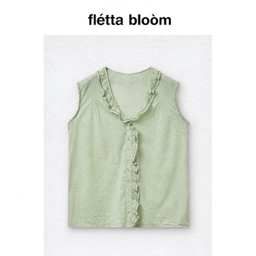●fletta bloom夏季新款韩国设计师via家清新荷叶边波点无袖衬衫