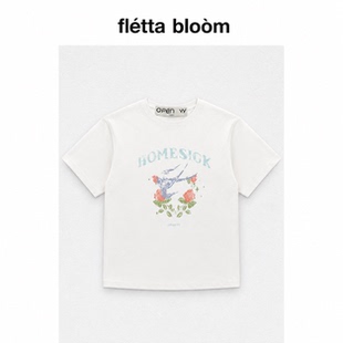 ●fletta bloom韩国小众open yy李知恩玫瑰花飞燕圆领宽松短袖T恤