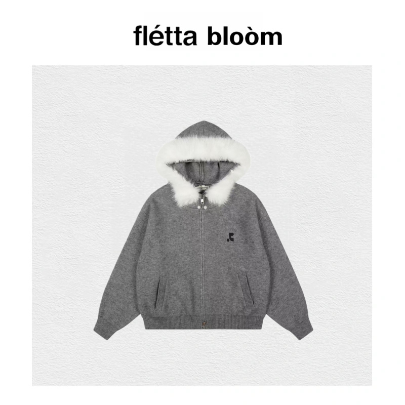 【现货】fletta bloom韩国小众潮牌冬季保暖RR大毛领连帽毛衣外套