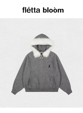 【现货】fletta bloom韩国小众潮牌冬季保暖RR大毛领连帽毛衣外套