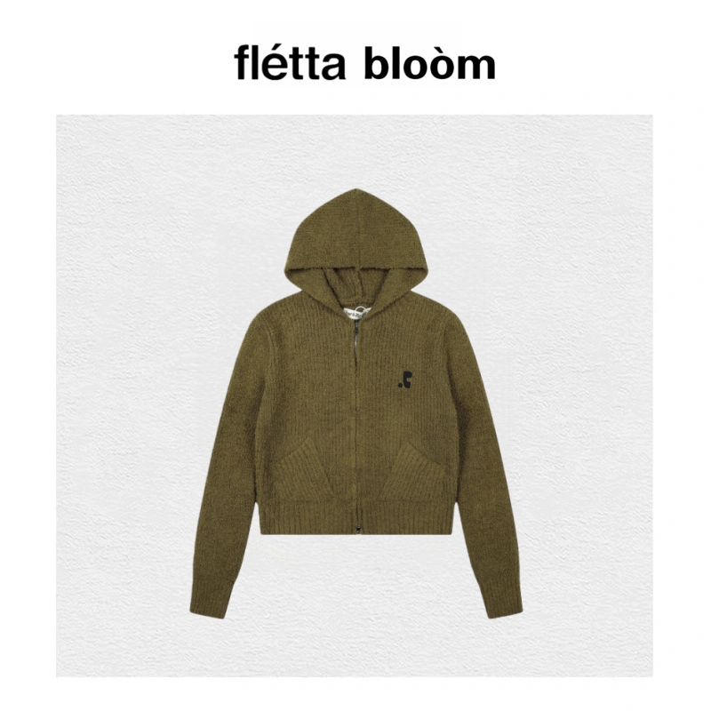【现货】fletta bloom韩国刺绣RR软糯泰迪绒连帽拉链针织毛衣开衫