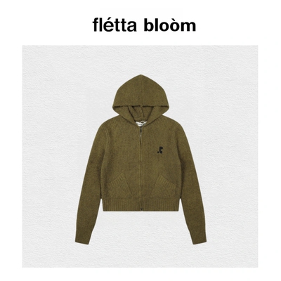 【现货】fletta bloom韩国刺绣RR软糯泰迪绒连帽拉链针织毛衣开衫