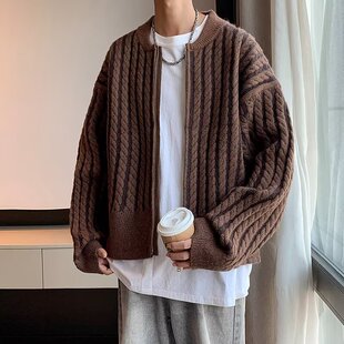 撞色麻花开衫毛衣男cleanfit美式拉链针织衫秋季宽松短款潮牌外套