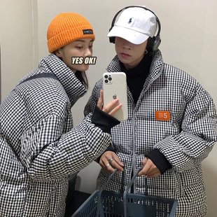黑白格子情侣棉服冬季2023新款棉衣男面包服oversize立领外套潮牌