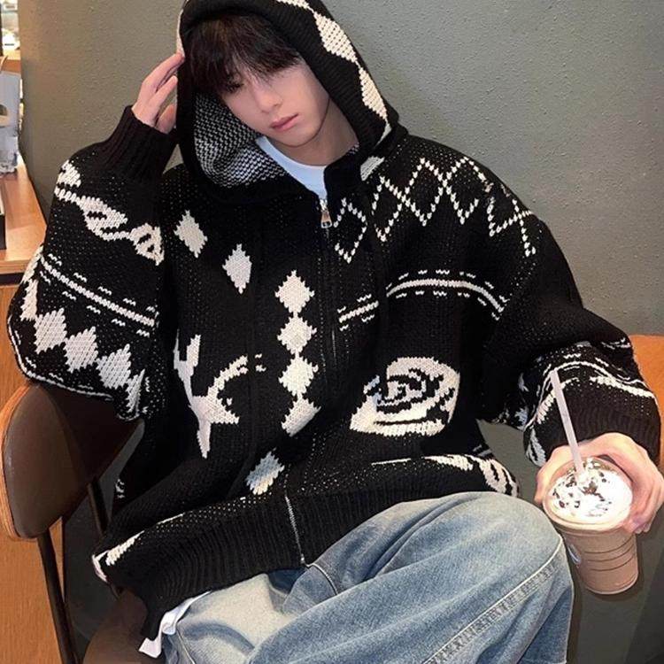 菱形格连帽毛衣针织开衫男秋冬韩系氛围感穿搭外套少年感慵懒上衣