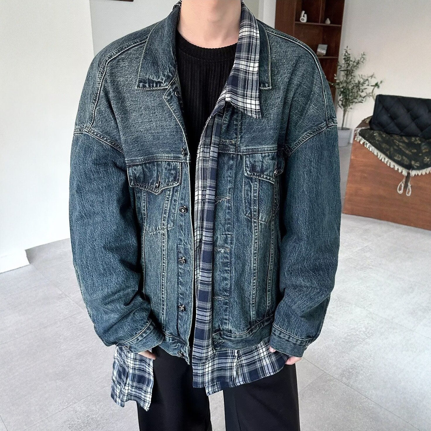 格子不规则拼接假两件牛仔外套男
