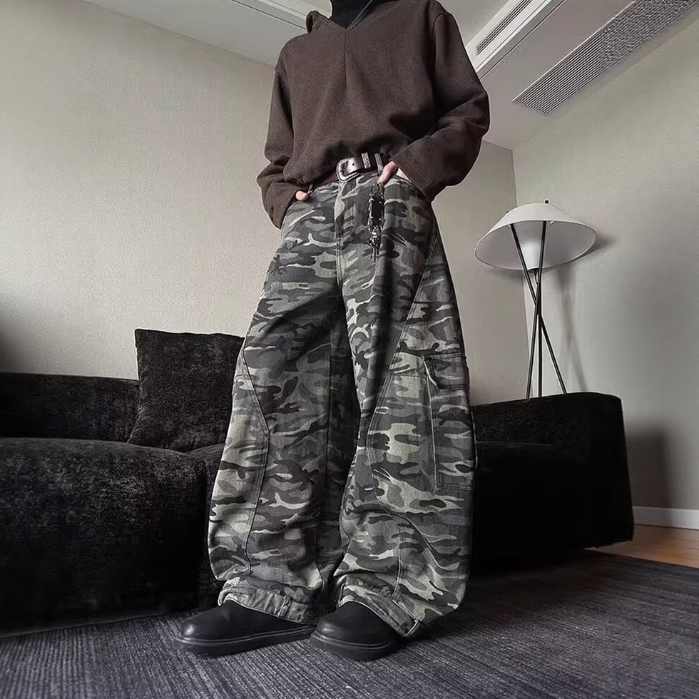 美式复古多口袋迷彩工装裤男女款潮牌宽松休闲baggy弯刀阔腿裤子