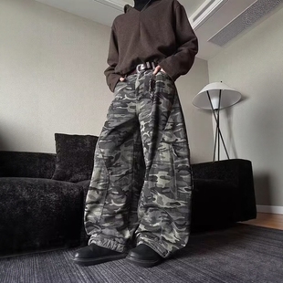 美式复古多口袋迷彩工装裤男女款潮牌宽松休闲baggy弯刀阔腿裤子