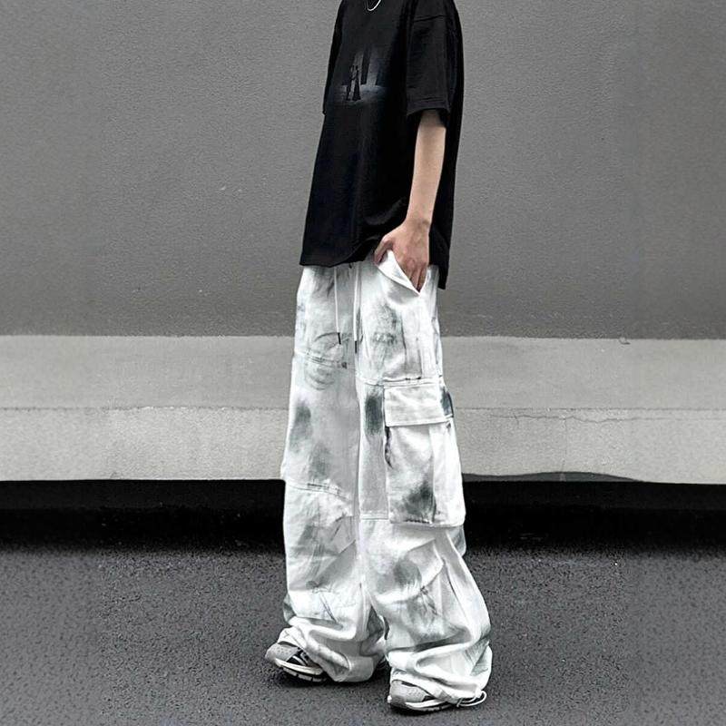 白色水墨牛仔裤男秋季立体拼接大口袋工装裤宽松扎染国风阔腿裤子