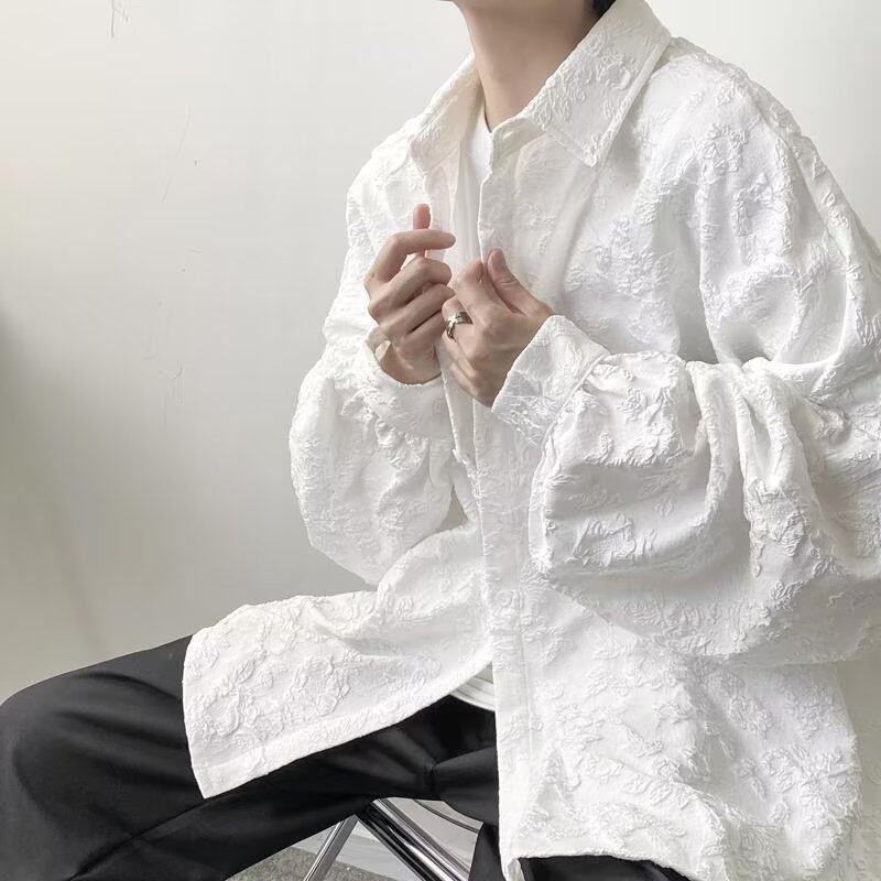 秋季浮雕压花巴洛克衬衫长袖男ins港风宽松复古衬衣痞帅潮流外套