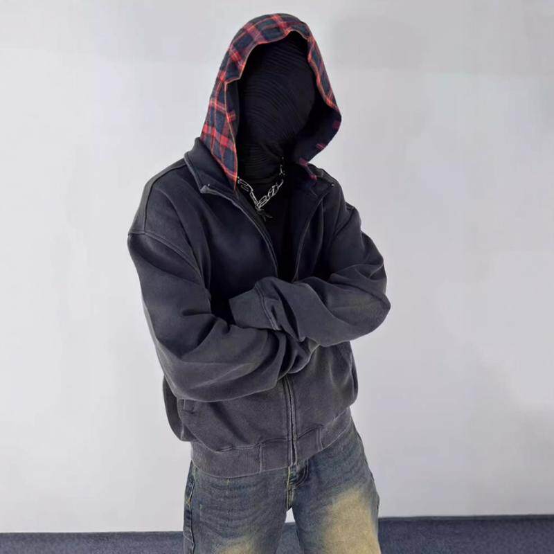 美式复古水洗vintage假两件连帽卫衣男女款cleanfit拉链开衫外套