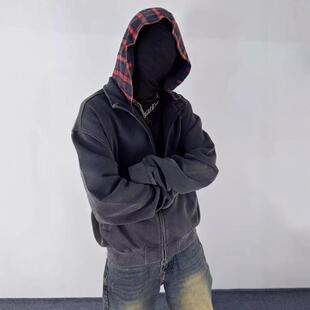 美式复古水洗vintage假两件连帽卫衣男女款cleanfit拉链开衫外套