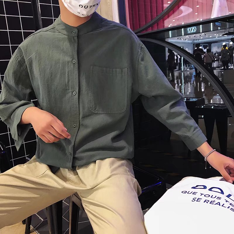 dk立领棉麻韩版很仙痞帅短袖衬衣