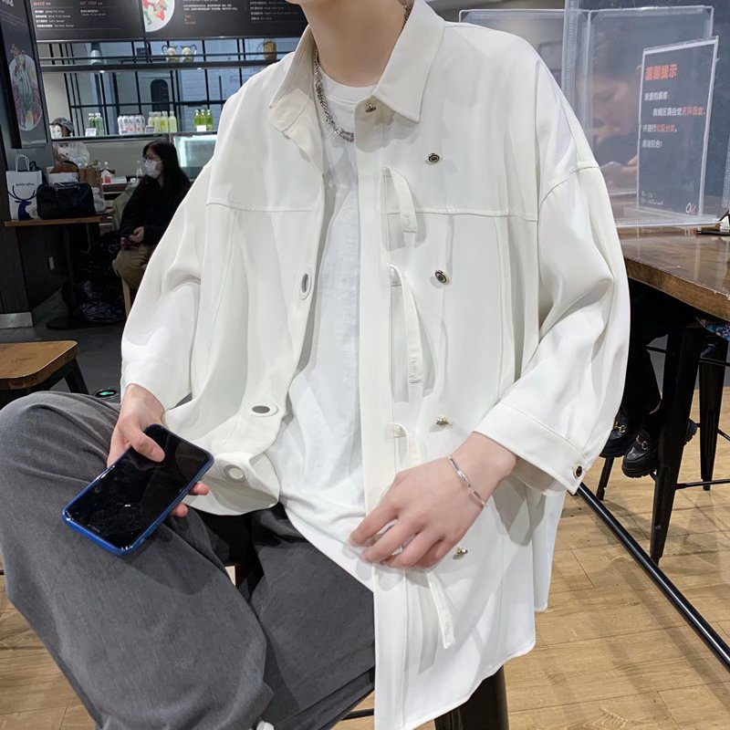 克莱因蓝七分袖衬衫男夏季设计感小众上衣ins潮流盘扣高级感外套