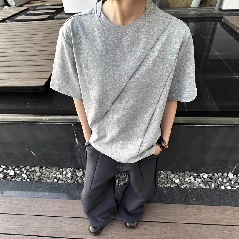 灰色斜褶皱设计感T恤男款夏季