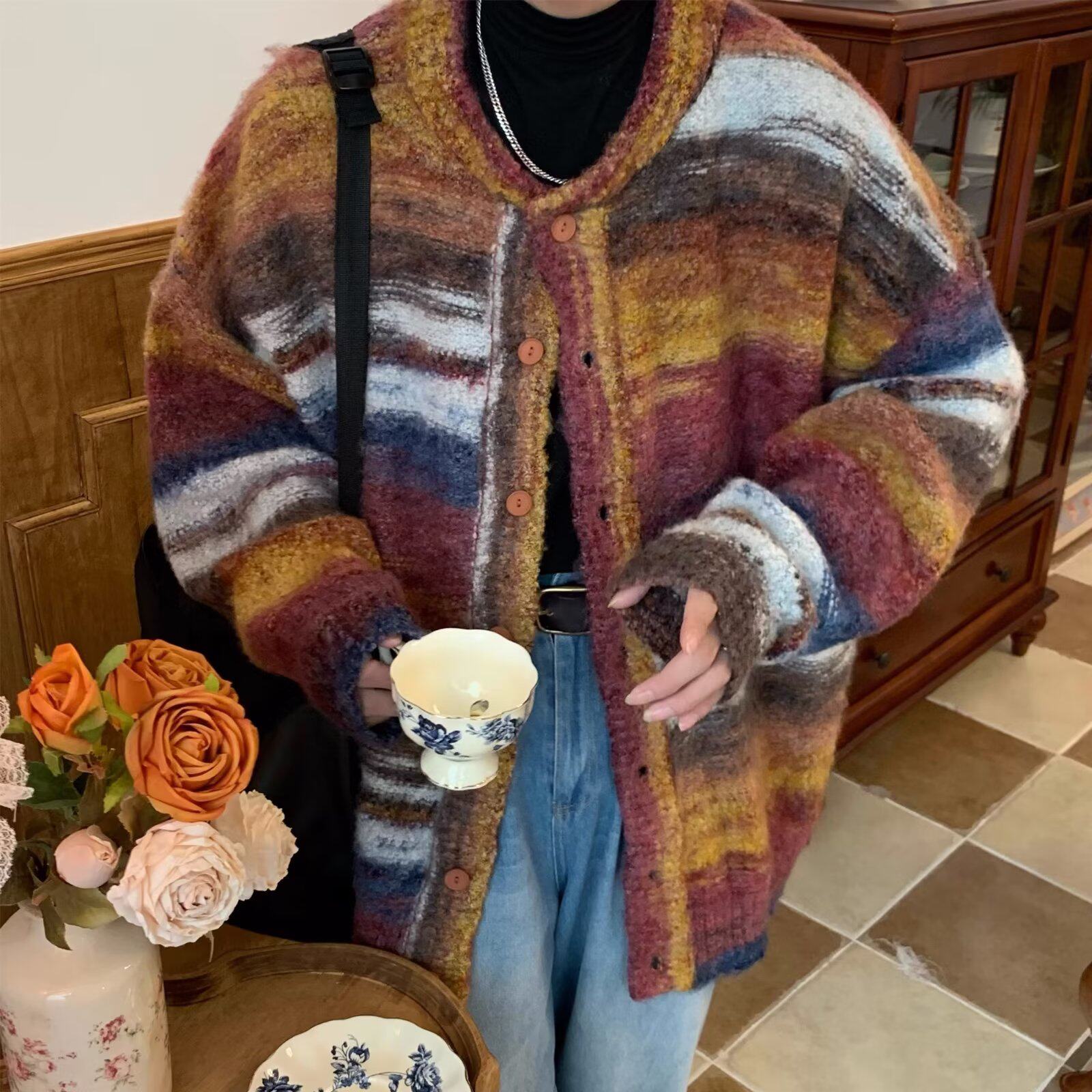 美式复古彩色晕染渐变毛衣外套男