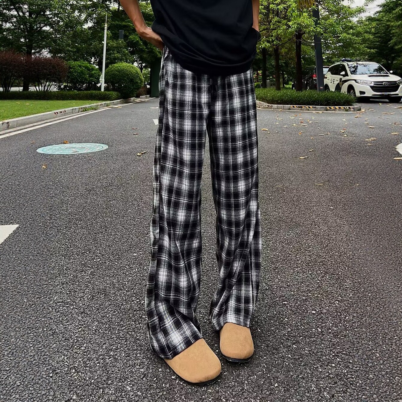 cleanfit黑白格子裤子男夏季美式复古慵懒风阔腿裤休闲微喇直筒裤