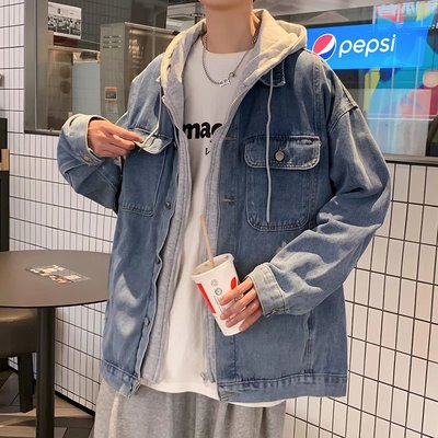 假两件牛仔外套男春秋季潮牌设计感夹克韩版潮流帅气百搭连帽上衣