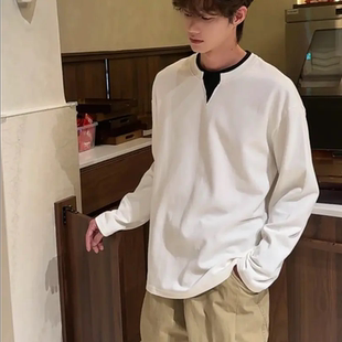 黑色假两件长袖T恤男士秋冬潮牌宽松圆领卫衣高级感打底内搭上衣