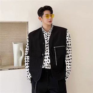 韩国气质马甲男韩版 坎肩外套外搭马夹休闲 宽松潮流发型师帅气时尚