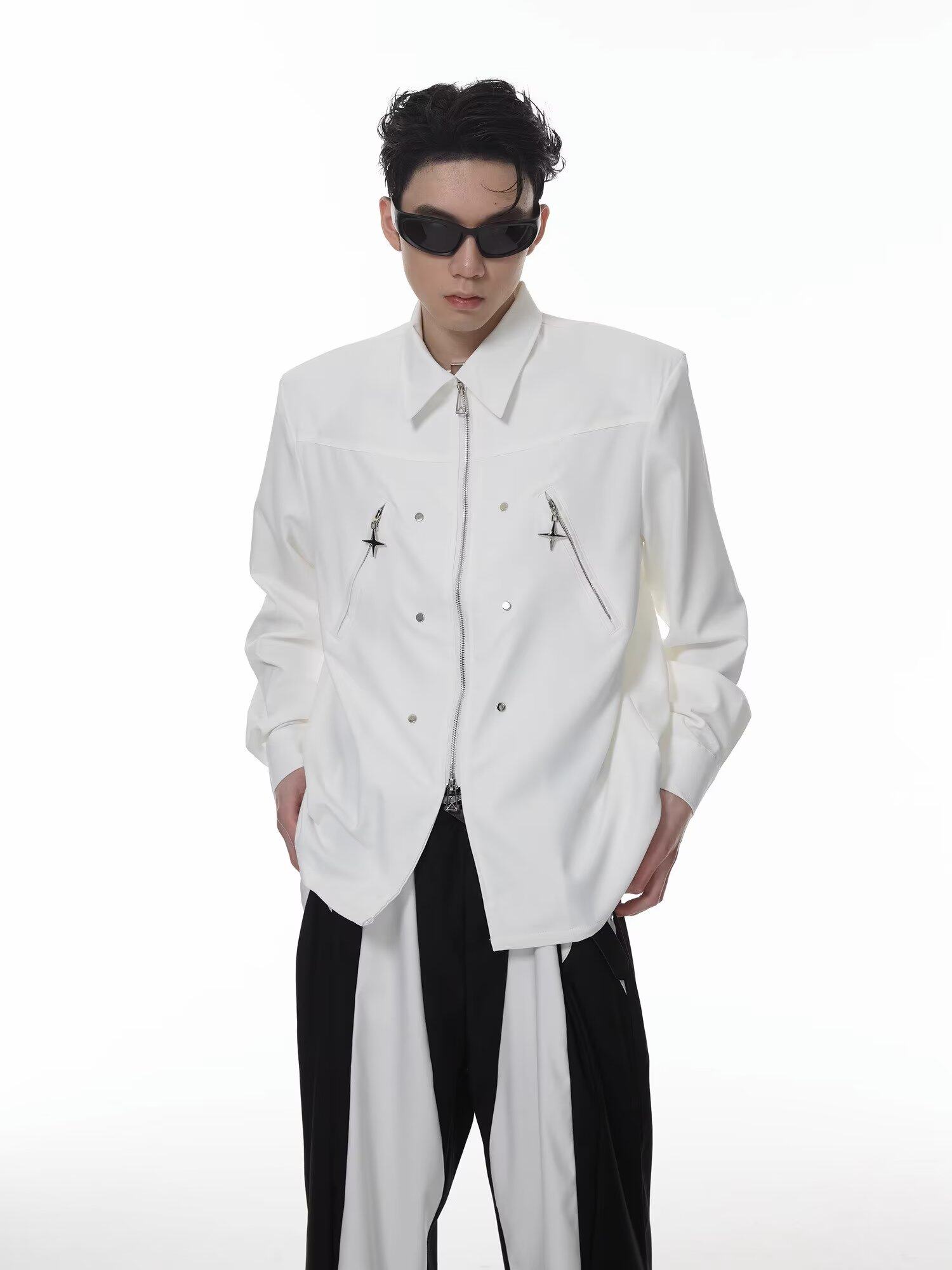 夏秋高级感小众金属设计感衬衫男宽松休闲韩版拉链解构长袖衬衣