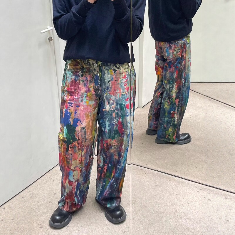 炸街裤子做旧泼墨油画印花牛仔裤