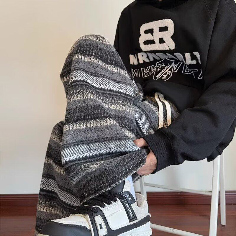 复古美拉德条纹毛呢阔腿裤男秋季垂感宽松大码慵懒风直筒休闲长裤