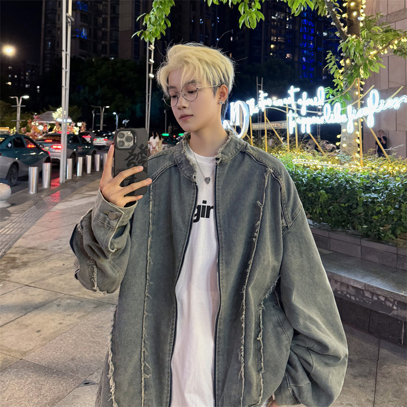 复古毛边牛仔外套男春秋款高街