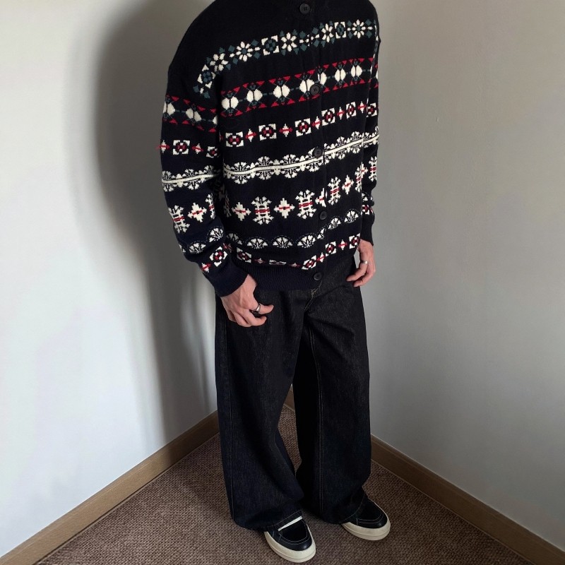 圣诞穿搭氛围感费尔岛针织开衫外套男女款宽松慵懒风冬季复古毛衣