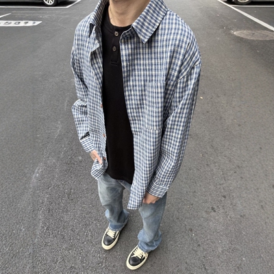 日系复古蓝白格子衬衫男款春季