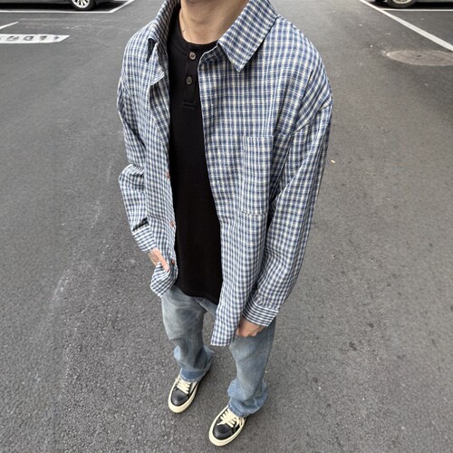 日系复古蓝白格子衬衫男款春季