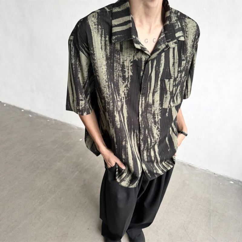 水墨扎染夏威夷风花衬衫男款高级感痞帅短袖美式复古vintage衬衣