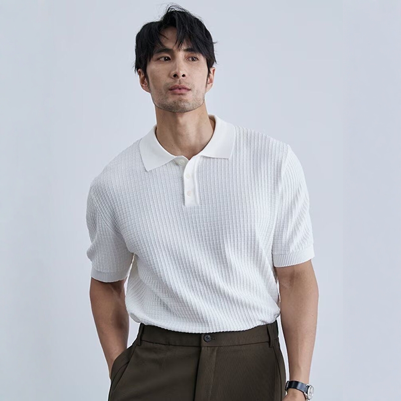 高端休闲POLO衫男士气质提花格子翻领冰丝T恤纯色百搭修身短袖男