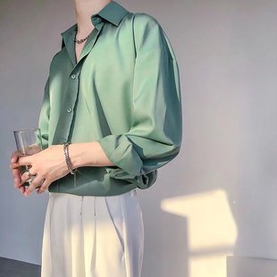 禁欲系冰丝INS气质复古垂感免烫绿色白衬衫 宽松 男女长袖 痞帅韩版