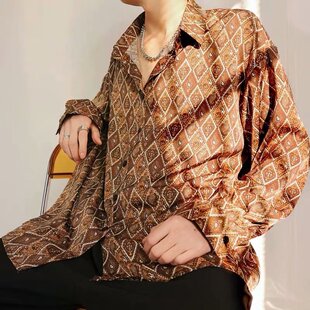 韩系复古港风碎花菱格长袖宽松花衬衫男士轻熟气质印花衬衣薄款女