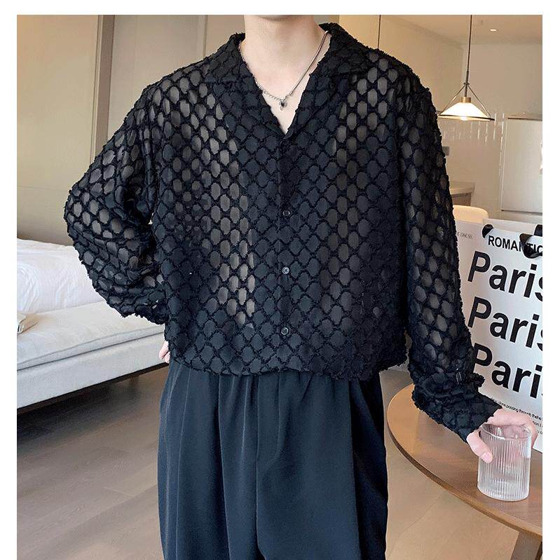 镂空透视古巴领衬衫夏季理发师男装潮禁欲系高级感冰丝防晒衬衣服