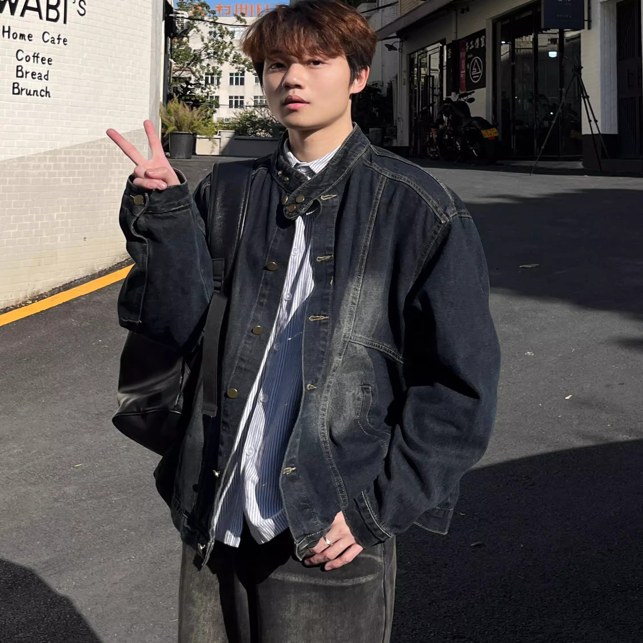 日系复古立领水洗黑色牛仔外套男