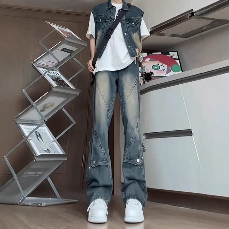 美式复古蓝色排扣牛仔裤阔腿宽松