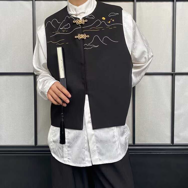 新中式国风男装山水刺绣马甲男