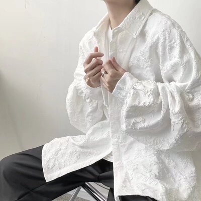 秋季日系浮雕提花设计感衬衫男长袖宽松慵懒风小众蝙蝠袖中性衬衣