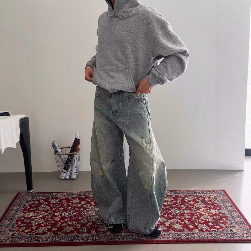 复古小众设计感破洞廓形牛仔裤