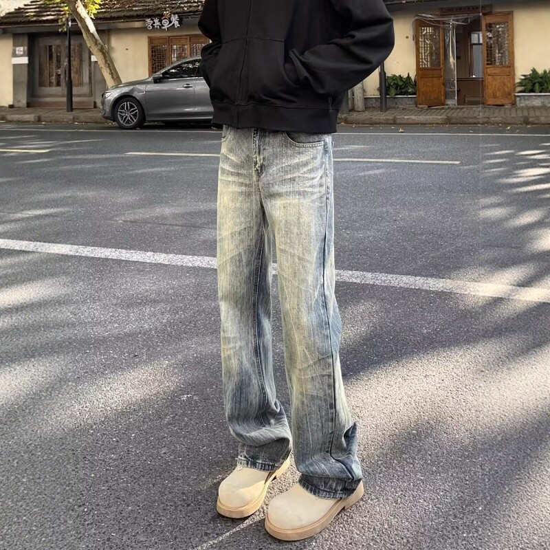 vibe风水洗做旧修身显瘦牛仔裤