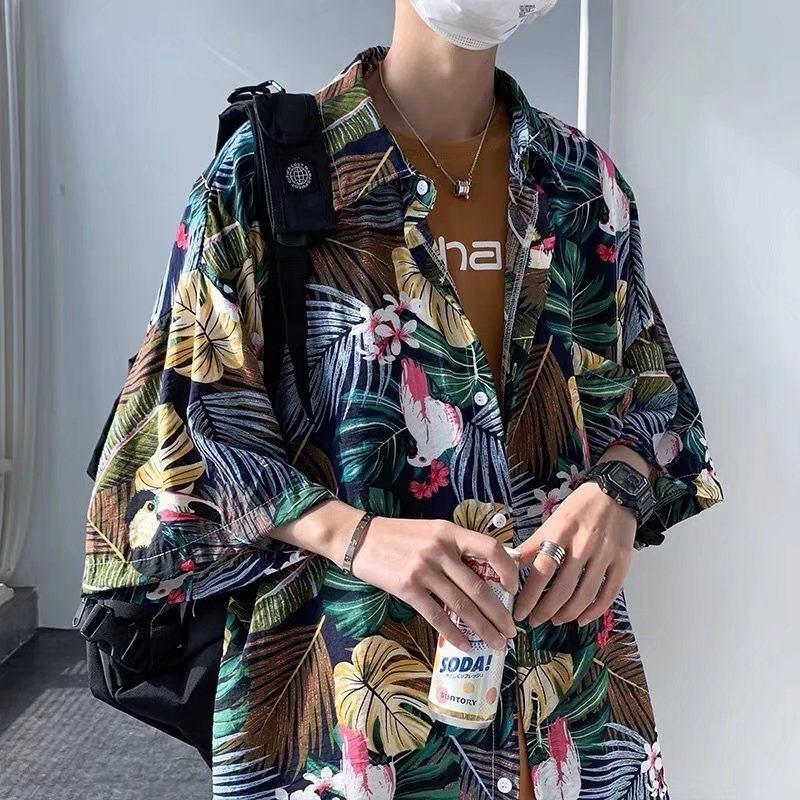港风复古夏威夷碎花衬衫男短袖夏季薄款冰丝大码胖子沙滩衬衣外套