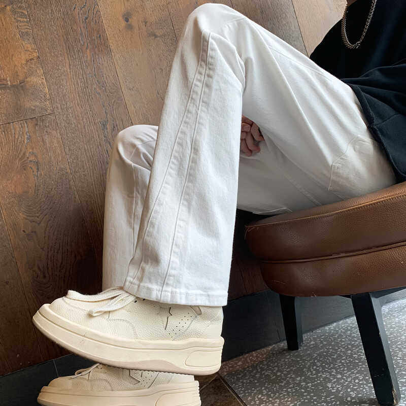 美式高街vibe裤子男秋季新款白色cleanfit牛仔裤潮牌微喇直筒裤