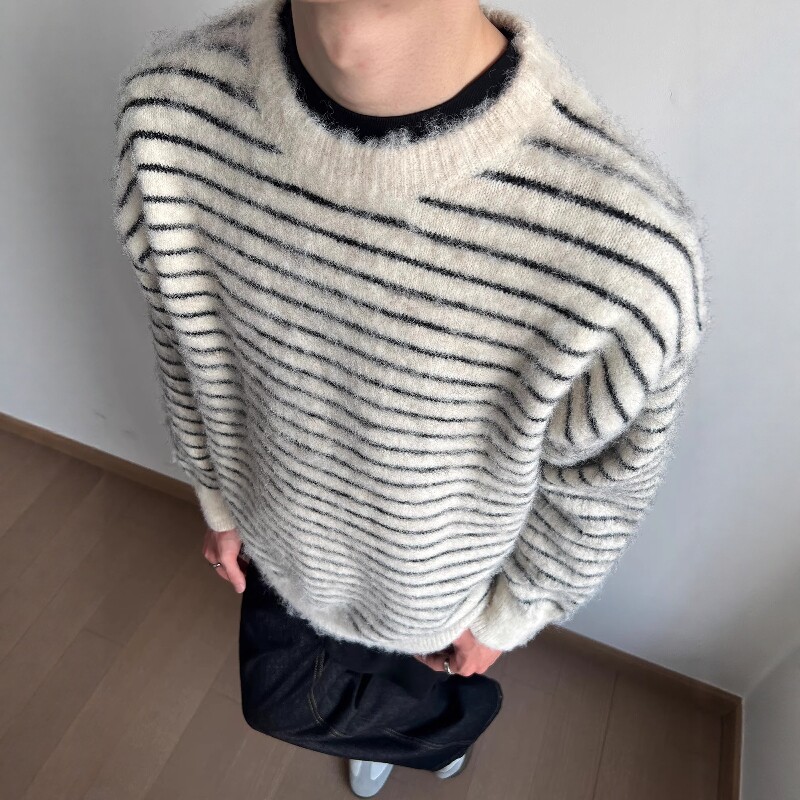 美式复古条纹撞色圆领毛衣男女