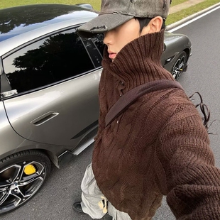 美式复古麻花高领毛衣男女秋冬高级感慵懒风宽松针织衫外套上衣