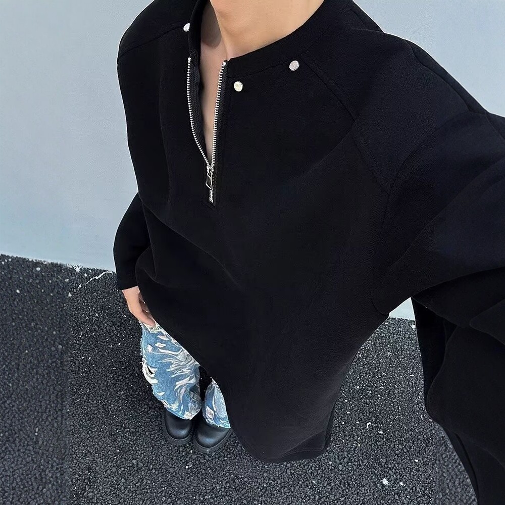半拉链垫肩卫衣男春夏季美式潮牌