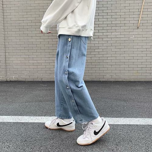 嘻哈高街纽扣牛仔长裤男女同款