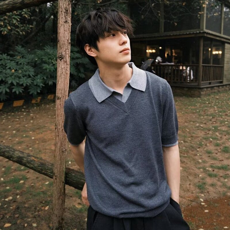 新贵老钱风假两件海鸥领针织短袖男夏季POLO衫高知感雅痞休闲上衣