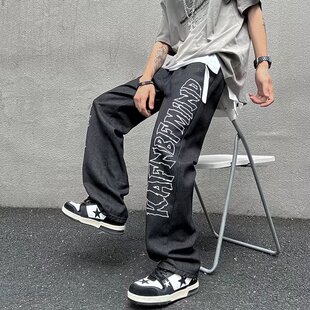 oldschool裤子高街潮ins牛仔裤男美式hiphop直筒宽松阔腿裤